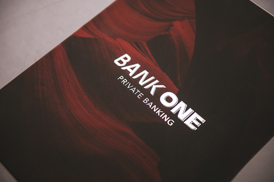 Bank One folder, printed by Précigraph